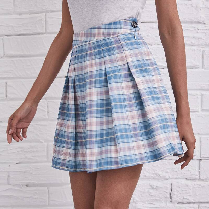 

High Waist Tartan Pleated Skirt, Pastel baby blue