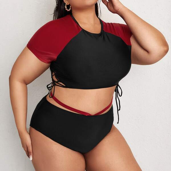 

Plus Color Block Raglan Sleeve Bikini Swimsuit, Multicolor