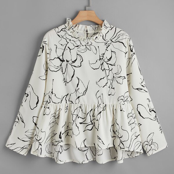 

Plus Floral Print Frill Dip Hem Babydoll Blouse, White