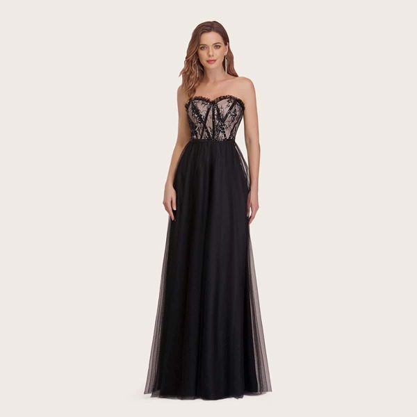 

Contrast Sequin Frill Trim Mesh Tube Prom Dress, Black