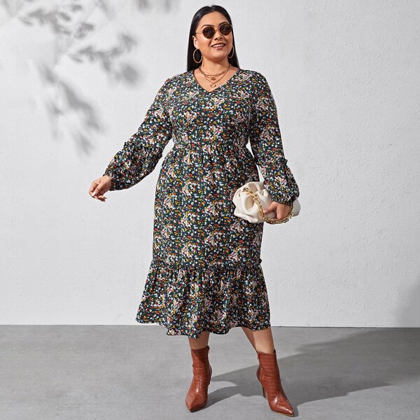 

Plus Ditsy Floral Frill Ruffle Hem Dress, Multicolor