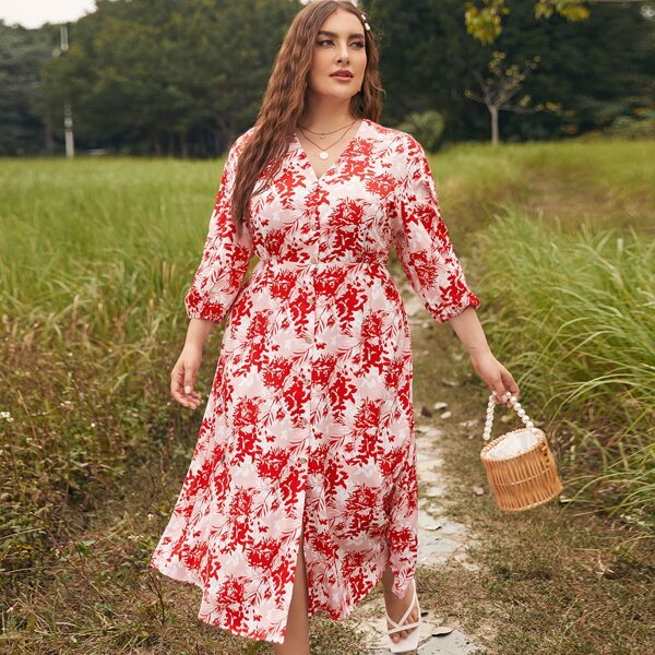 

Plus Allover Plants Print Button A-line Dress, Red and white