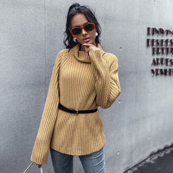 

Turtleneck Raglan Sleeve Rib-knit Sweater Without Belt, Yellow pastel