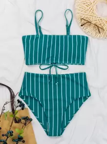 Striped High Waisted Bikini Set Summer Beach - Teal Blue - View 1