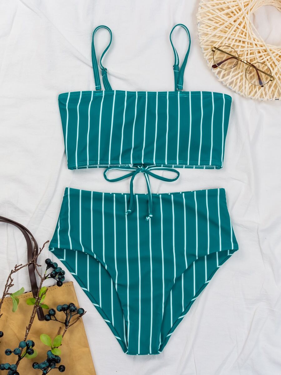 Striped High Waisted Bikini Set Summer Beach - Teal Blue - View 1