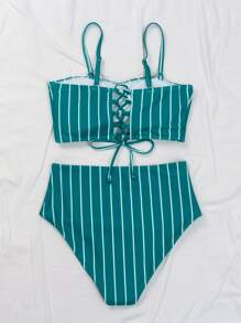 Striped High Waisted Bikini Set Summer Beach - Teal Blue - View 2