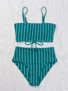 Striped High Waisted Bikini Set Summer Beach - Teal Blue - View 3