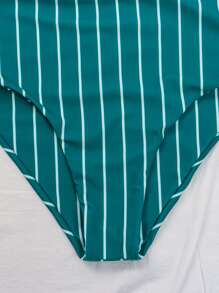 Striped High Waisted Bikini Set Summer Beach - Teal Blue - View 4