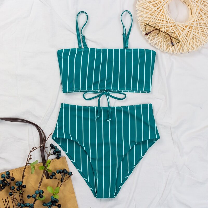 

Striped High Waisted Bikini Swimsuit, Teal blue
