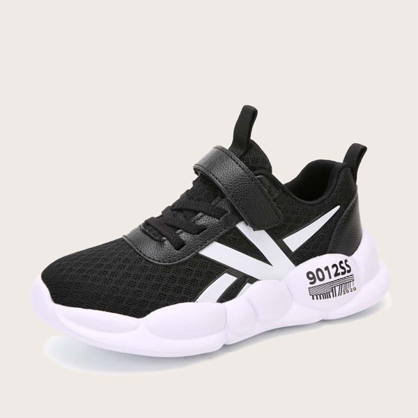 

Boys Velcro Strap Mesh Panel Sneakers, Black and white