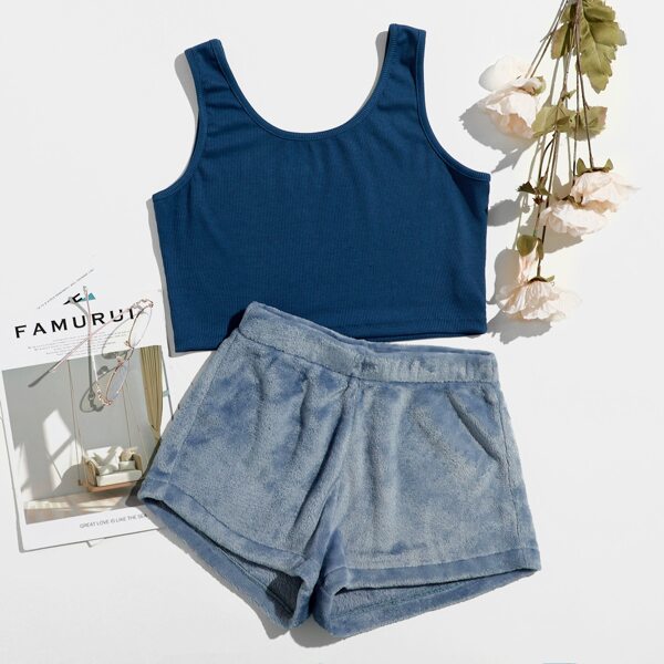 

Rib-knit Tank Top With Teddy Short Lounge Set, Navy blue