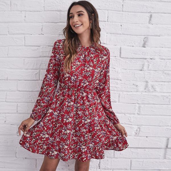 

Tie Neck Ruffle Hem Ditsy Floral Dress, Burgundy