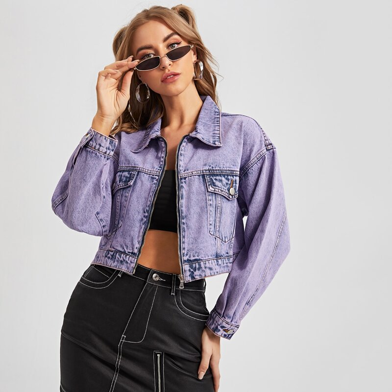

Zip Up Drop Shoulder Denim Jackets, Violet purple