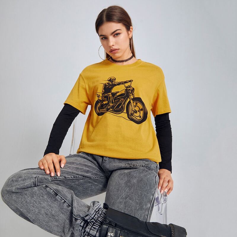 

Skull & Motorcycle Graphic Tee, Mustard yellow