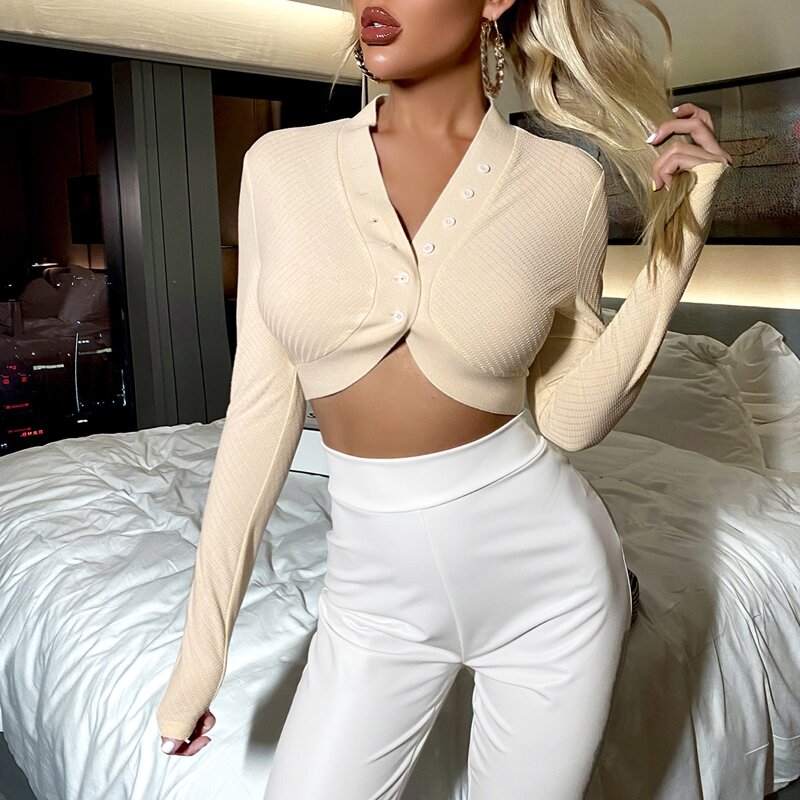 

Button Front Crop Top, Beige