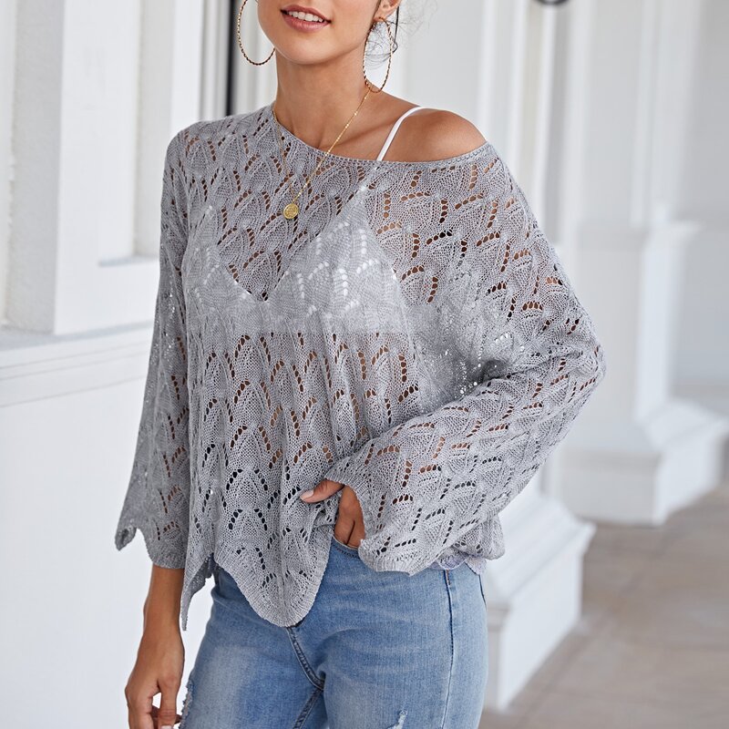 

Drop Shoulder Scallop Trim Pointelle Knit Cover Up Without Bra, Grey