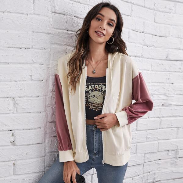

Drop Shoulder Zip Up Colorblock Hoodie, Beige