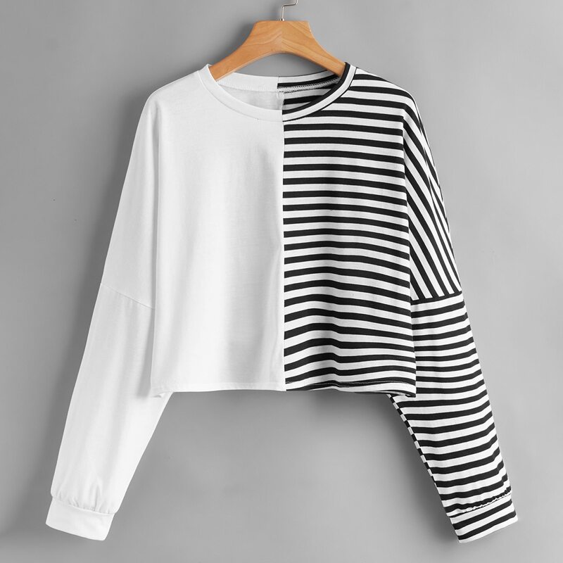 

Contrast Striped Oversized Crop Tee, Black and white