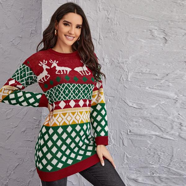 

Drop Shoulder Christmas Pattern Sweater Dress, Multicolor