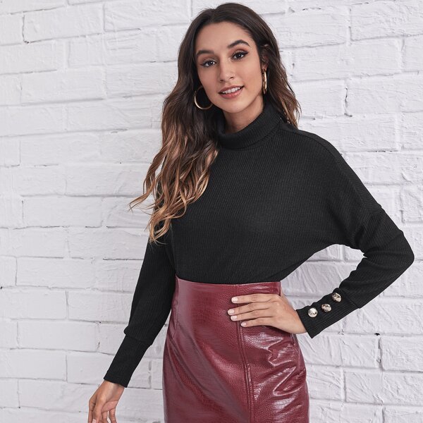 

Funnel Neck Drop Shoulder Button Cuff Tee, Black