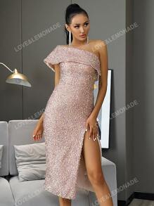 LOVE&LEMONADE One Shoulder Split Thigh Sequin Dress