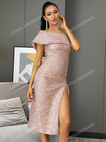LOVE&LEMONADE One Shoulder Split Thigh Sequin Dress