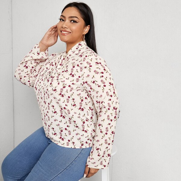 

Plus Ditsy Floral Print Tie Neck Blouse, Multicolor