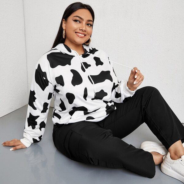 

Plus Cow Print Drawstring Hoodie, Black and white