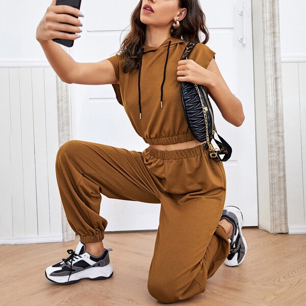 

Crop Drawstring Hooded Tee With Sweatpants, Brown