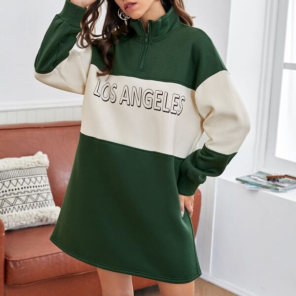 

Letter Graphic Two Tone Half Zipper Sweatshirt Dress, Multicolor