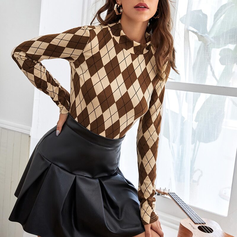

Argyle Pattern Stand Collar Tee, Multicolor