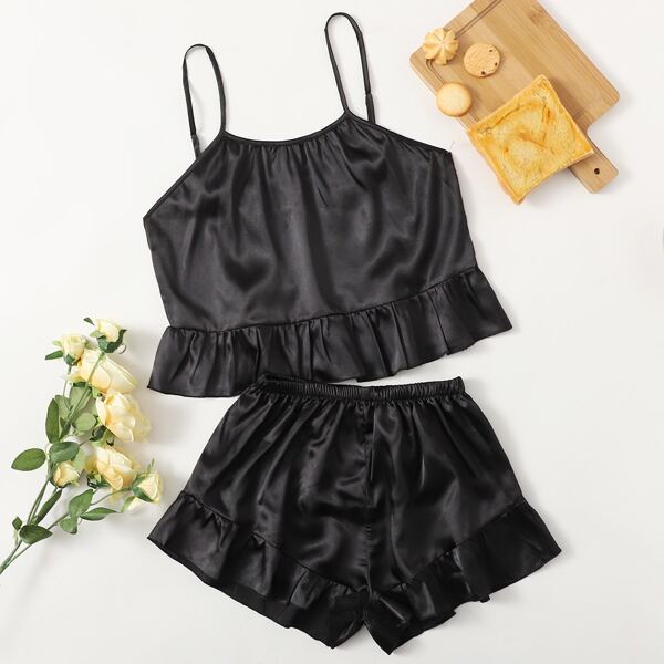 

Ruffle Hem Satin Night Set, Black