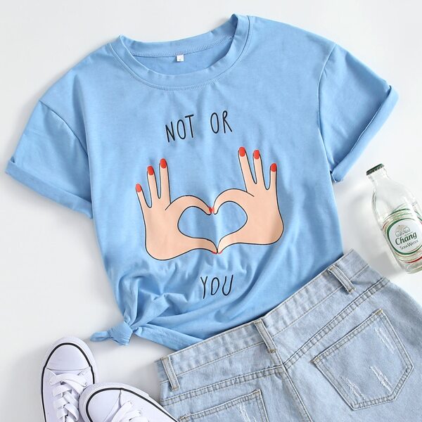 

Hands And Slogan Graphic Tee, Baby blue
