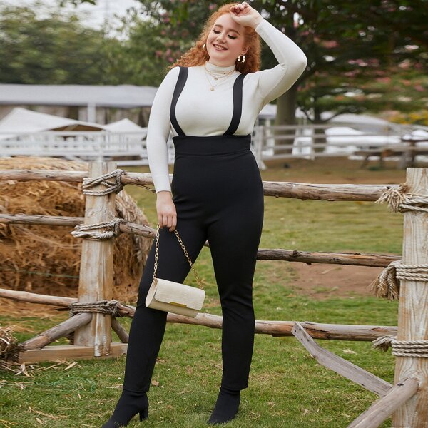 

Plus Solid High-rise Overall Jumpsuit, Black