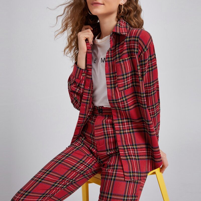 

Tartan Button Front Pocket Blouse, Red
