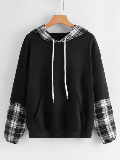 Contrast Plaid Drawstring Hoodie