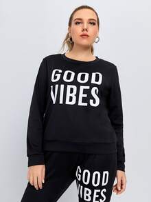 大碼標語圖案運動衫和運動褲 - 黑色 - 查看 3