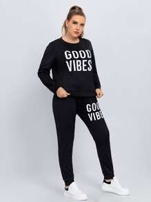 大碼標語圖案運動衫和運動褲 - 黑色 - 查看 4