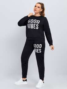 大碼標語圖案運動衫和運動褲 - 黑色 - 查看 5