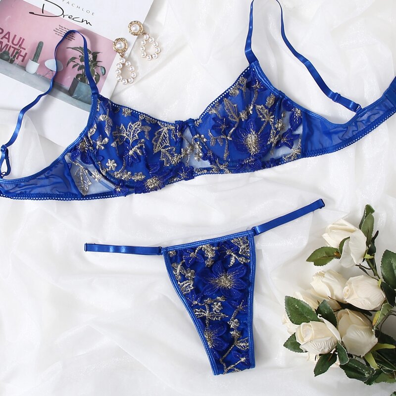 

Floral Embroidered Mesh Underwire Lingerie Set, Blue