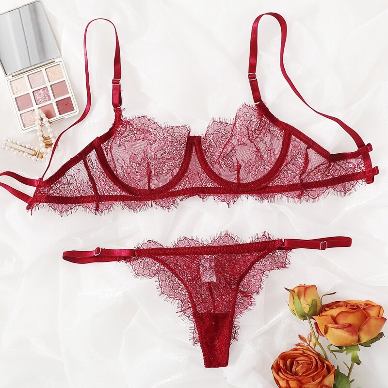 

Eyelash Lace Underwire Lingerie Set, Burgundy