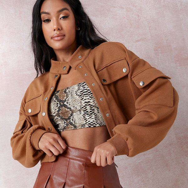 

Cropped Snap-Button Jacket, Brown
