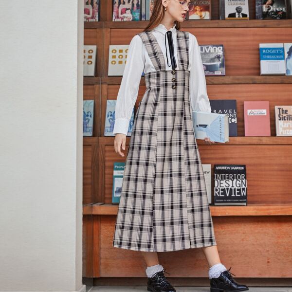 

Plaid Button Front Suspender Dress, Multicolor