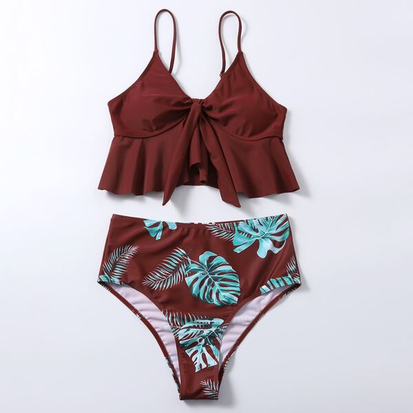 

Tropical Ruffle Hem Knot Front Bikini Swimsuit, Burgundy