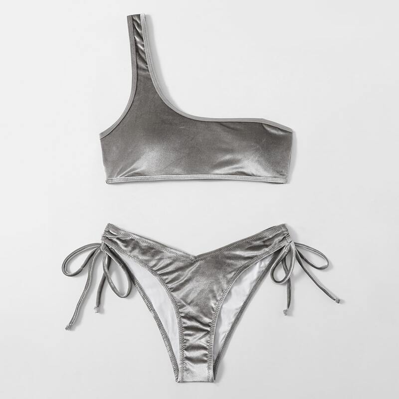 

Velvet One Shoulder Tie Side Bikini Swimsuit, Grey