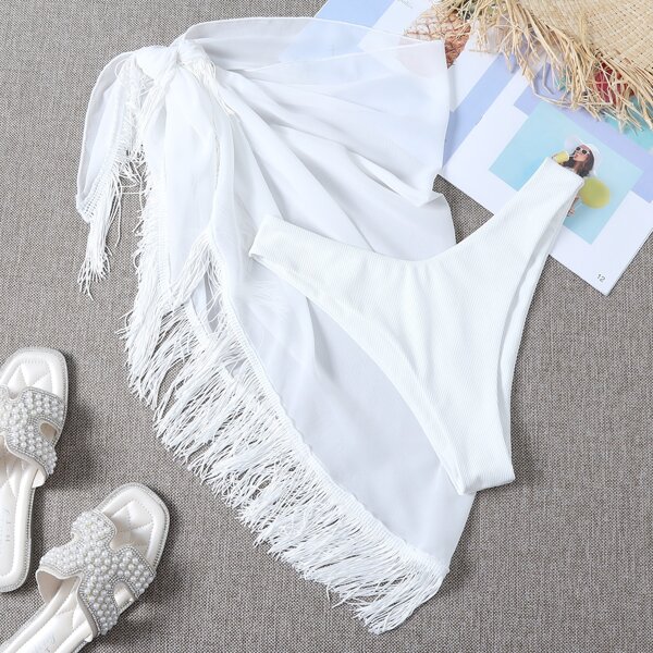 

2pack Rib High Cut Bikini Panty & Fringe Beach Skirt, White