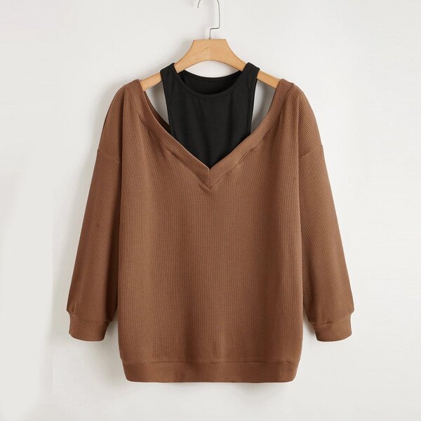 

Plus 2 In 1 Cold Shoulder Sweatshirt, Mocha brown