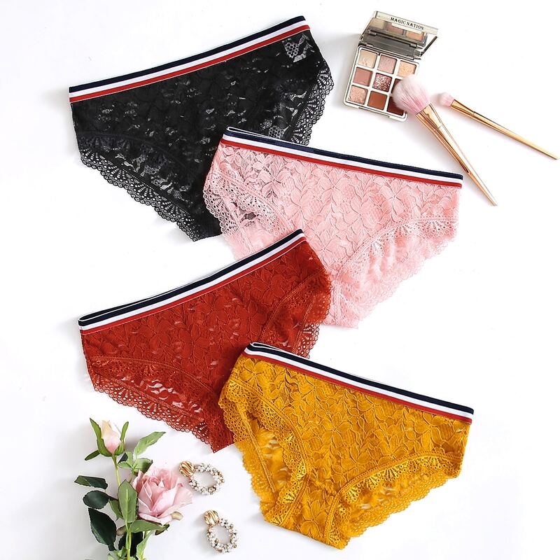 

4pack Floral Lace Striped Trim Panty Set, Multicolor