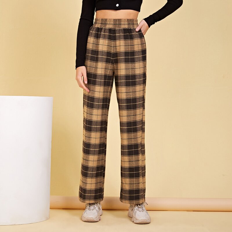 

Shirred Waistband Plaid Pants, Multicolor