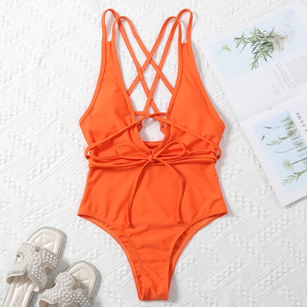 

Crisscross Tie Front One Piece Swimsuit, Orange